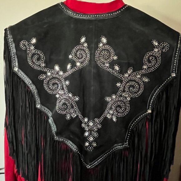 Western Black Leather Shawl with Fringe, Silver Studding and Clear Rhinestones - Picture 3 of 15